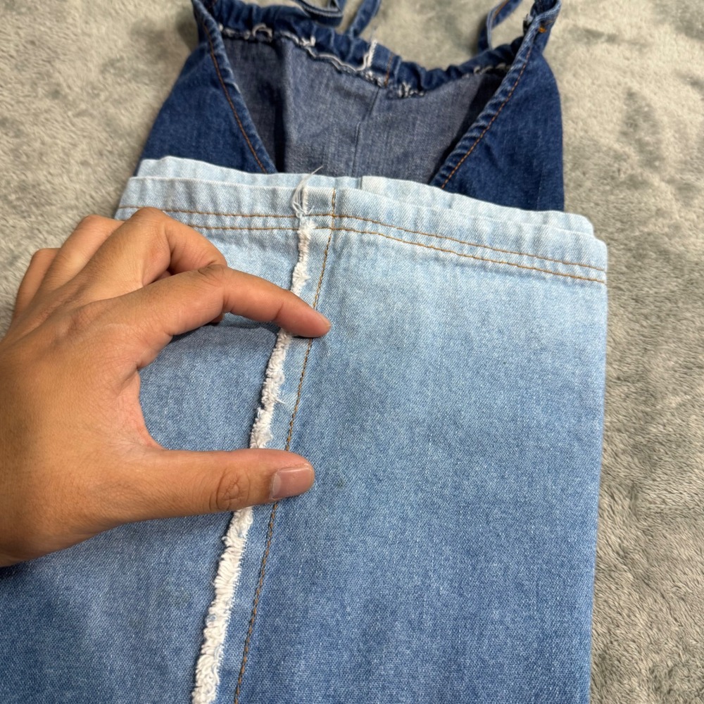 VTG 90s Hot Kiss Denim Halter Mini Dress Blue Ombre Raw Edge Y2K Size 7 - Picture 3 of 9
